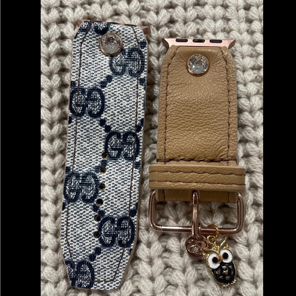 Upcycled Blue Webbed GG and Tan leather Watch Bands with Owl Charm